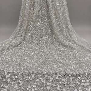 Embellished Net Fabric – Silver White All-Over Mixed Sequin & Pearl Bead Scatter on Crochet Net Base with Graduated Density