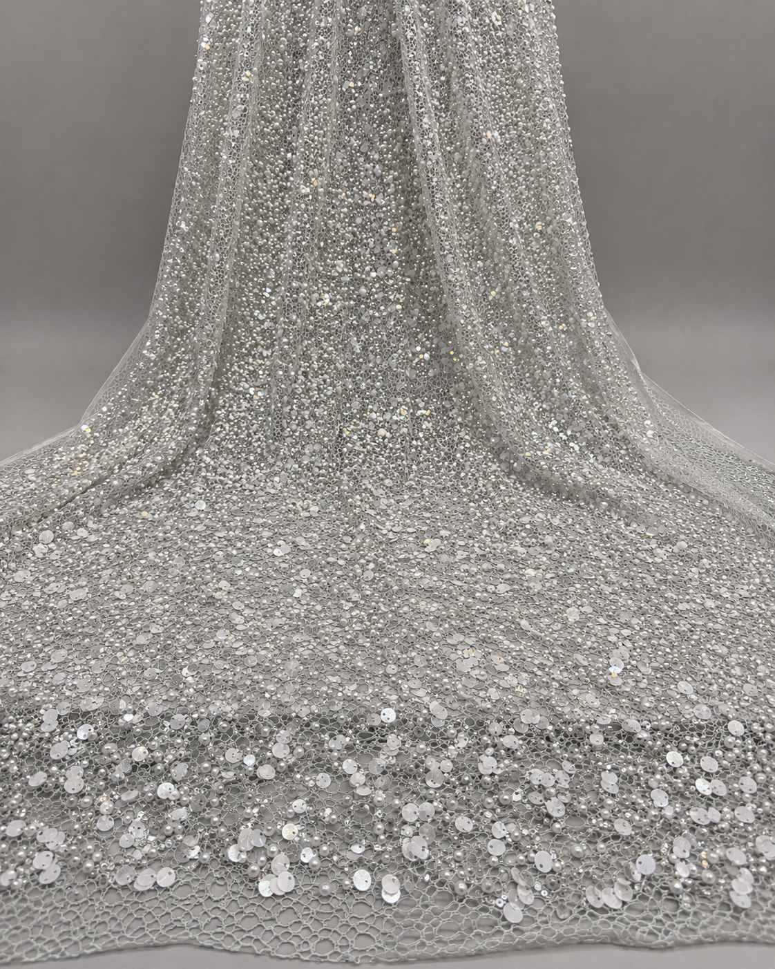 Embellished Net Fabric – Silver White All-Over Mixed Sequin & Pearl Bead Scatter on Crochet Net Base with Graduated Density