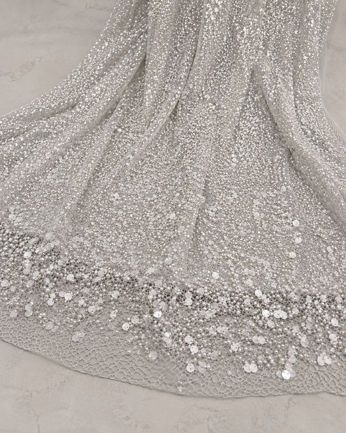 Embellished Net Fabric – Silver White All-Over Mixed Sequin & Pearl Bead Scatter on Crochet Net Base with Graduated Density - Image 2
