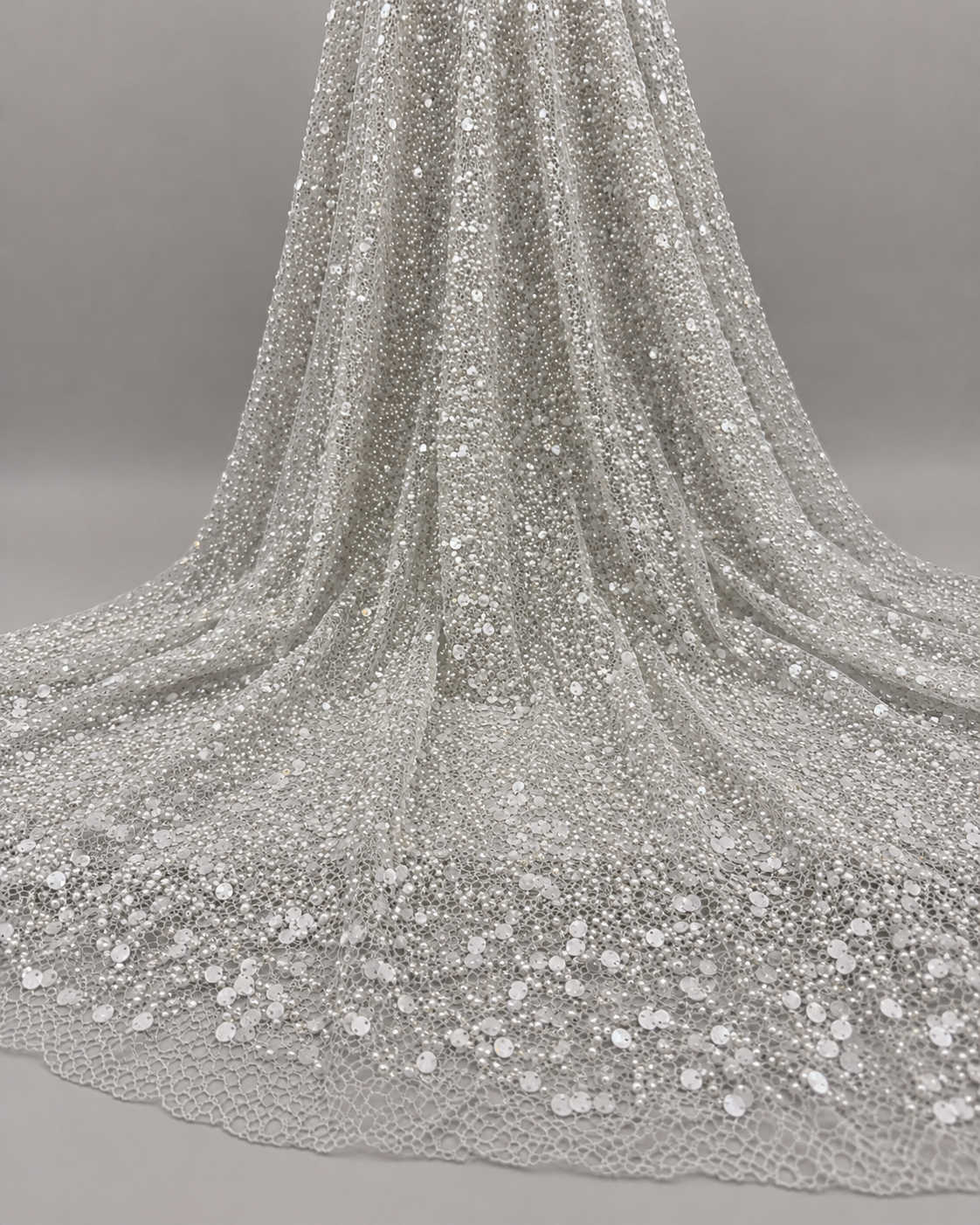 Embellished Net Fabric – Silver White All-Over Mixed Sequin & Pearl Bead Scatter on Crochet Net Base with Graduated Density - Image 4