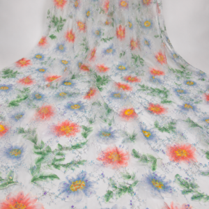 Printed Net Fabric – White Base Multicolour Botanical Daisy & Cosmos Floral Print with Iridescent Sequin & Seed Bead Scatter