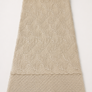 Embroidered Net Fabric – Warm Beige / Cream Tonal All-Over Branching Fern Spray Thread Embroidered on Diamond Lattice Net with Scallop Border & Sequin Accents
