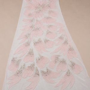 Bridal Net Fabric – White & Blush Pink Large-Scale Feather Petal Appliqué Spray Crystal Seed Bead, Faceted Bead & Champagne Sequin Embroidered