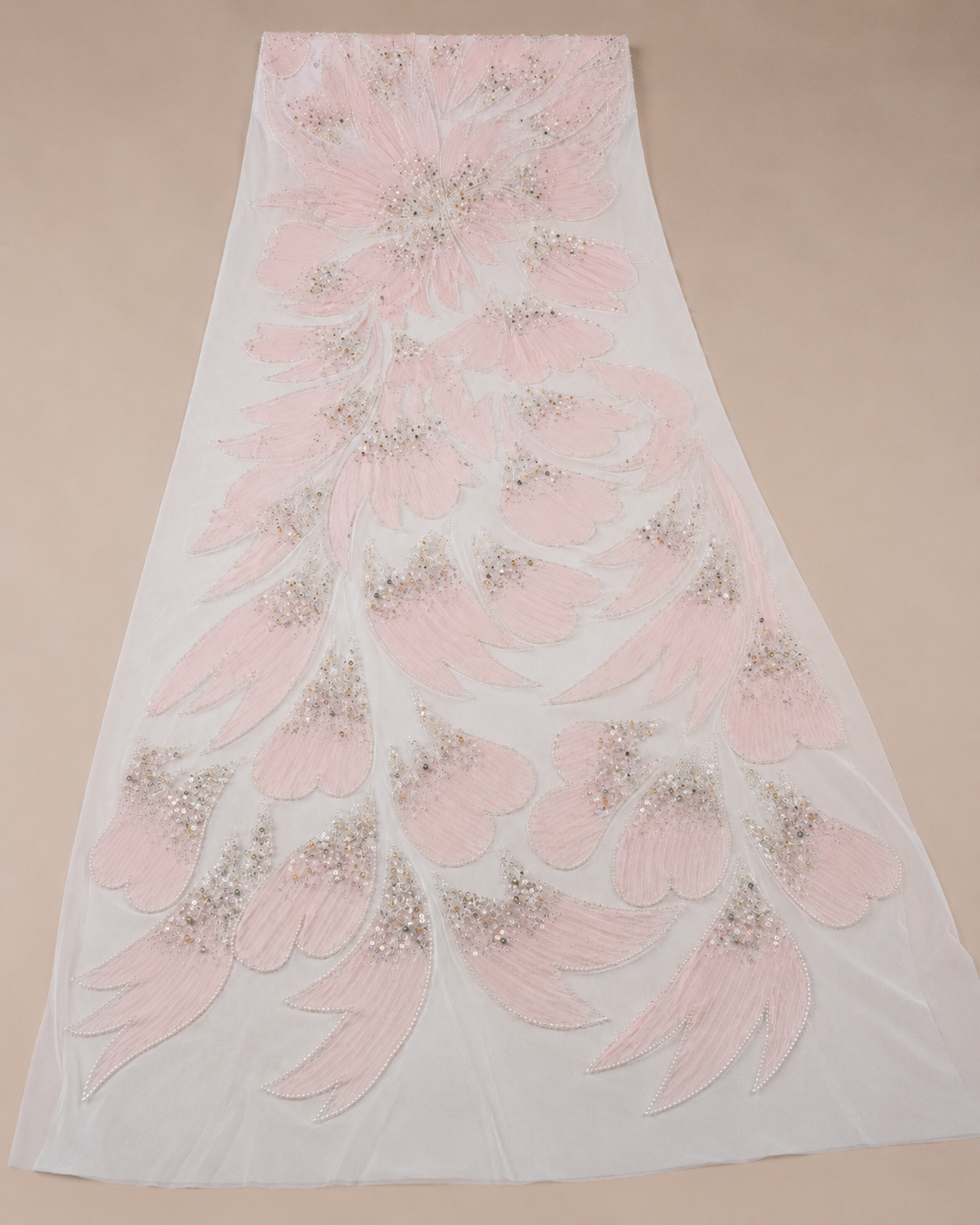 Bridal Net Fabric – White & Blush Pink Large-Scale Feather Petal Appliqué Spray Crystal Seed Bead, Faceted Bead & Champagne Sequin Embroidered