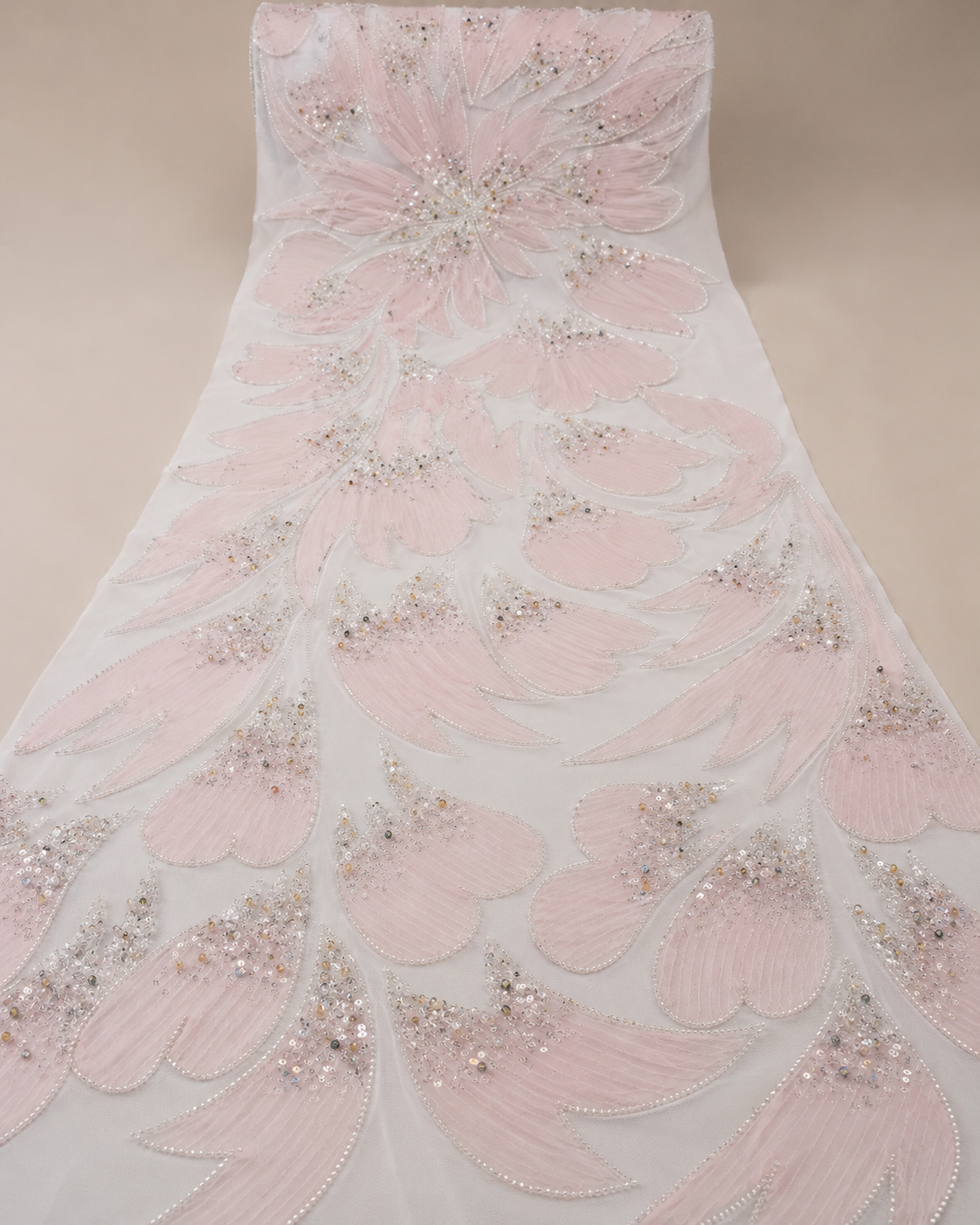 Bridal Net Fabric – White & Blush Pink Large-Scale Feather Petal Appliqué Spray Crystal Seed Bead, Faceted Bead & Champagne Sequin Embroidered - Image 2