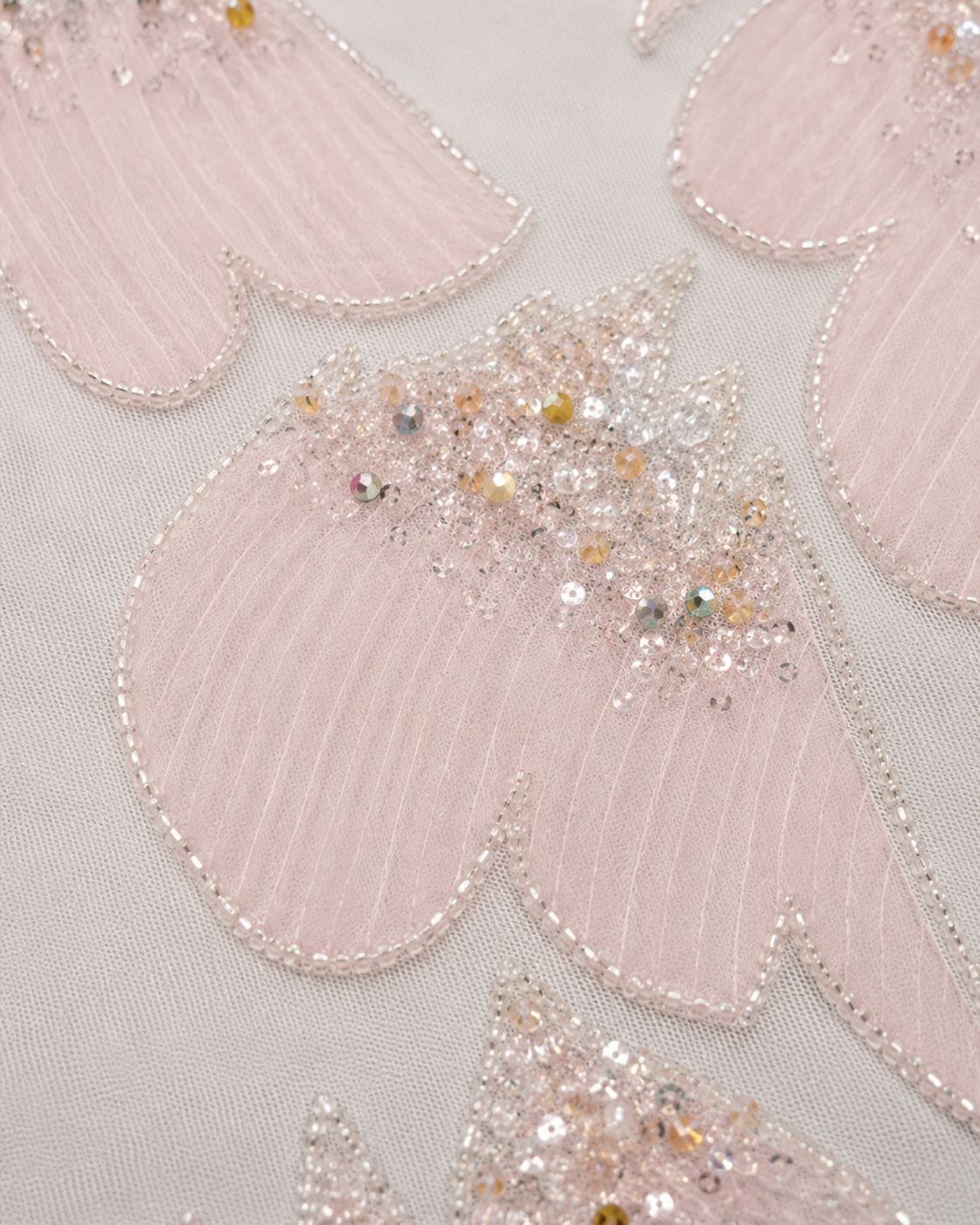 Bridal Net Fabric – White & Blush Pink Large-Scale Feather Petal Appliqué Spray Crystal Seed Bead, Faceted Bead & Champagne Sequin Embroidered - Image 3
