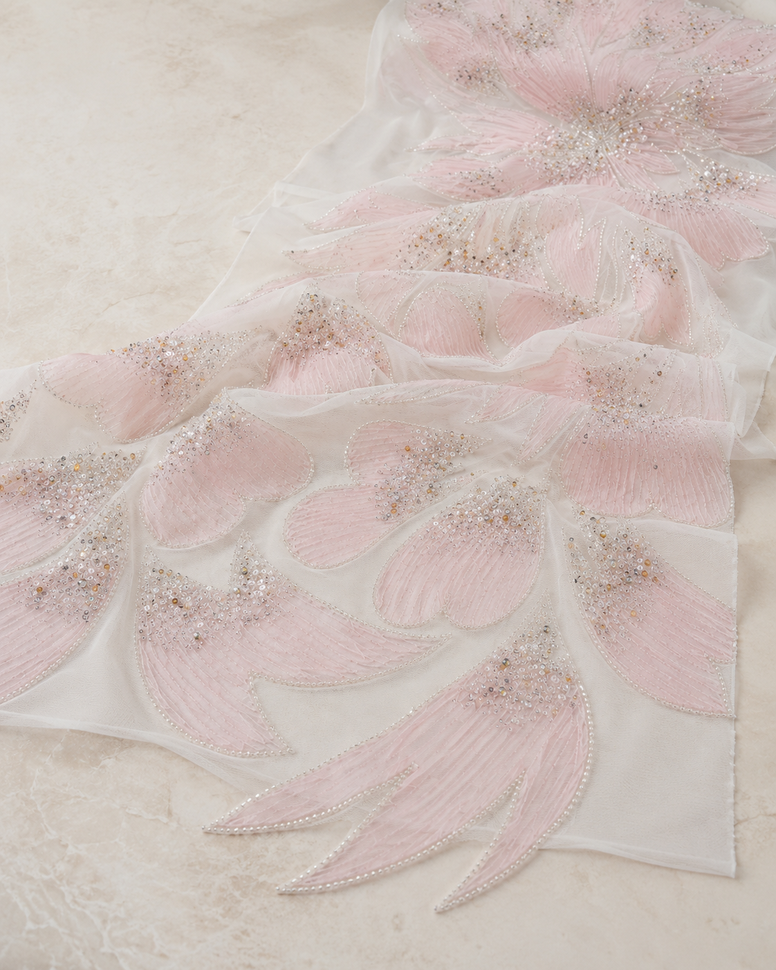Bridal Net Fabric – White & Blush Pink Large-Scale Feather Petal Appliqué Spray Crystal Seed Bead, Faceted Bead & Champagne Sequin Embroidered - Image 4