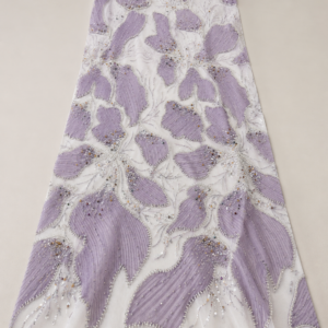 Bridal Net Fabric – White & Lavender Large-Scale Lily Petal Appliqué Crystal Seed Bead, Faceted Bead, Champagne & Bronze Sequin Embroidered with Bead Fringe Tips