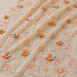 Embellished Net Fabric – Cream & Peach 3D Dual-Layer Orange & Sky Blue Fabric Flower Appliqué with Peach Fringed Floral Embroidery, Pearl Bead & Sequin with Scallop Border