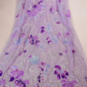 Embellished Net Fabric – Lavender Base Multicolour Purple & Blue Floral Appliqué Scatter Silver Seed Bead & Sequin Botanical Vine Embroidered with Scallop Border