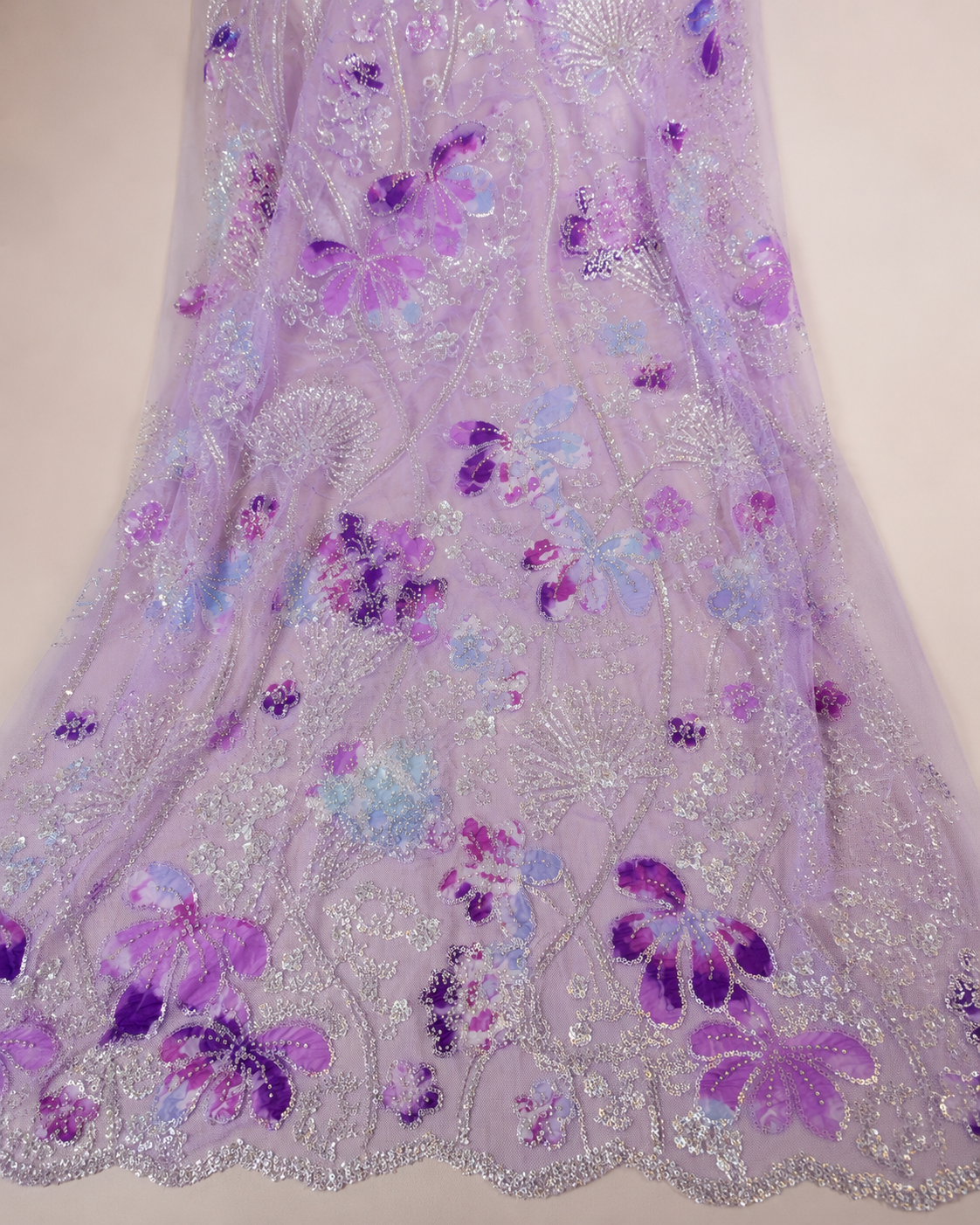 Embellished Net Fabric – Lavender Base Multicolour Purple & Blue Floral Appliqué Scatter Silver Seed Bead & Sequin Botanical Vine Embroidered with Scallop Border