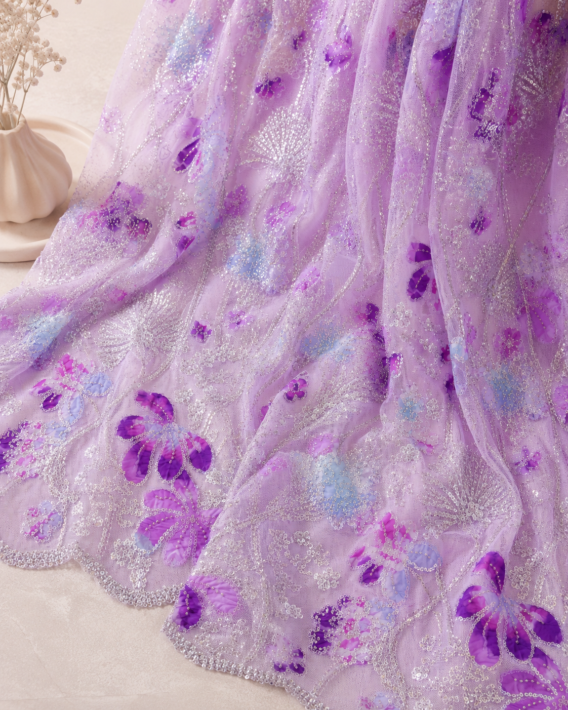 Embellished Net Fabric – Lavender Base Multicolour Purple & Blue Floral Appliqué Scatter Silver Seed Bead & Sequin Botanical Vine Embroidered with Scallop Border - Image 2