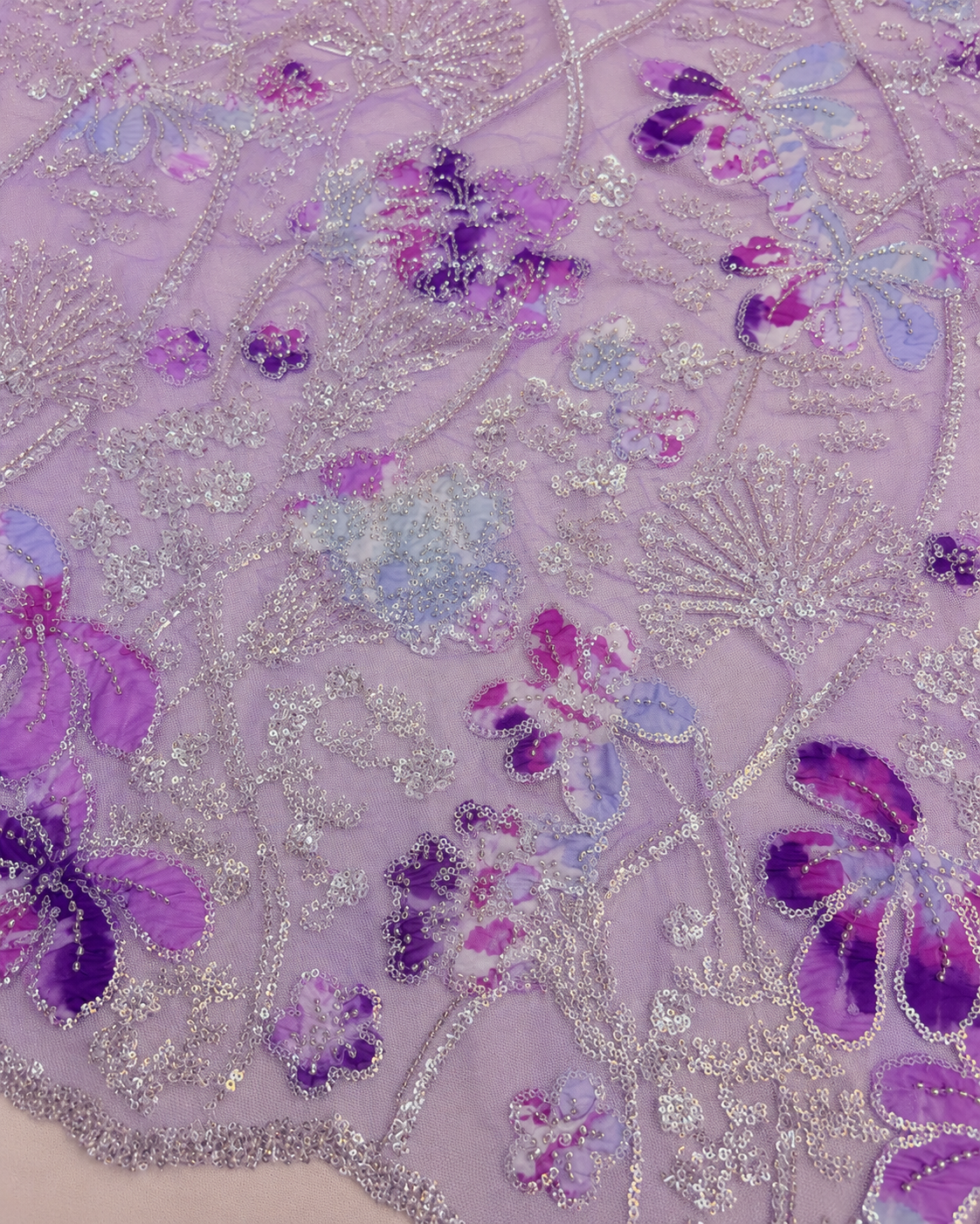 Embellished Net Fabric – Lavender Base Multicolour Purple & Blue Floral Appliqué Scatter Silver Seed Bead & Sequin Botanical Vine Embroidered with Scallop Border - Image 3