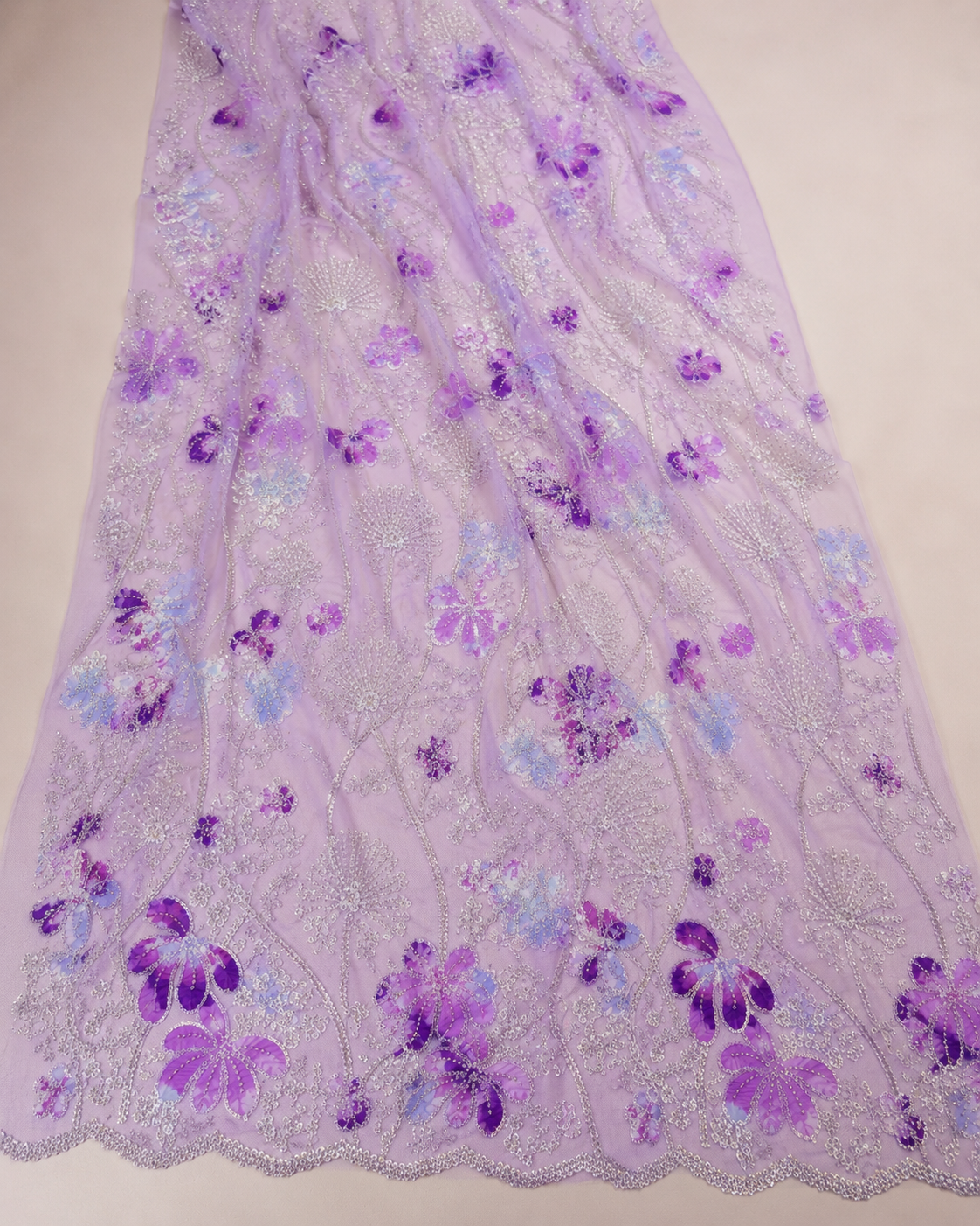 Embellished Net Fabric – Lavender Base Multicolour Purple & Blue Floral Appliqué Scatter Silver Seed Bead & Sequin Botanical Vine Embroidered with Scallop Border - Image 4