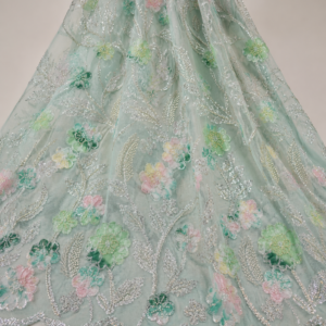 Embellished Net Fabric – Mint Green Base Multicolour Pastel Floral Appliqué Scatter Silver Seed Bead & Sequin Botanical Vine Embroidered with Scallop Border