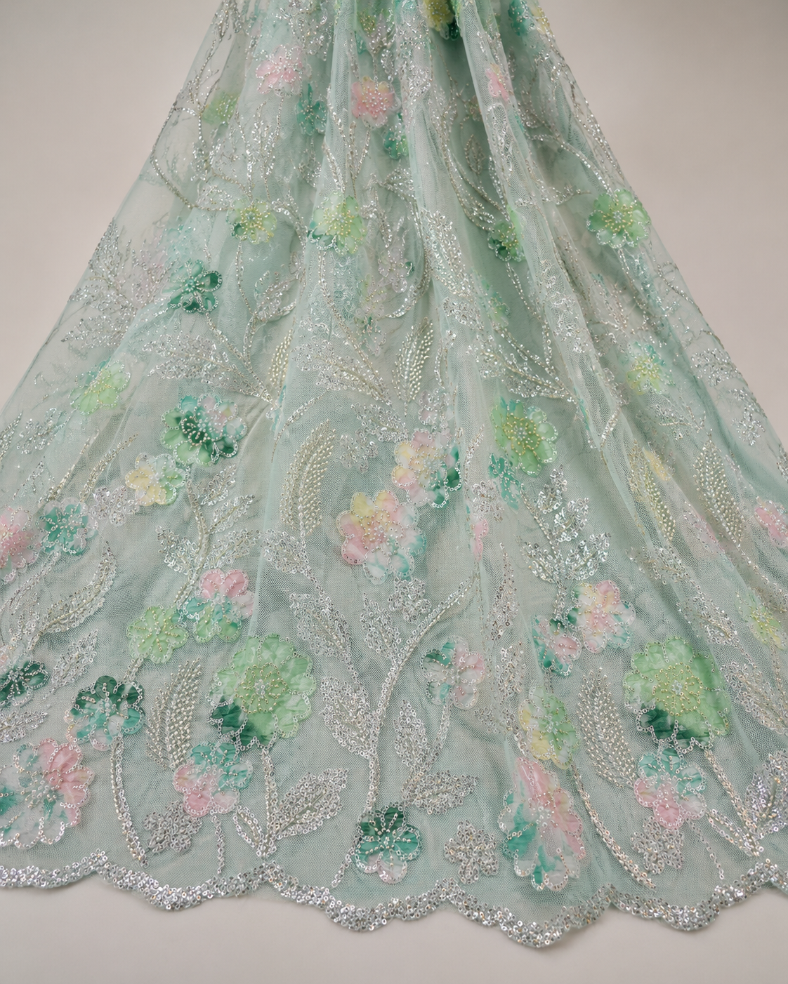 Embellished Net Fabric – Mint Green Base Multicolour Pastel Floral Appliqué Scatter Silver Seed Bead & Sequin Botanical Vine Embroidered with Scallop Border