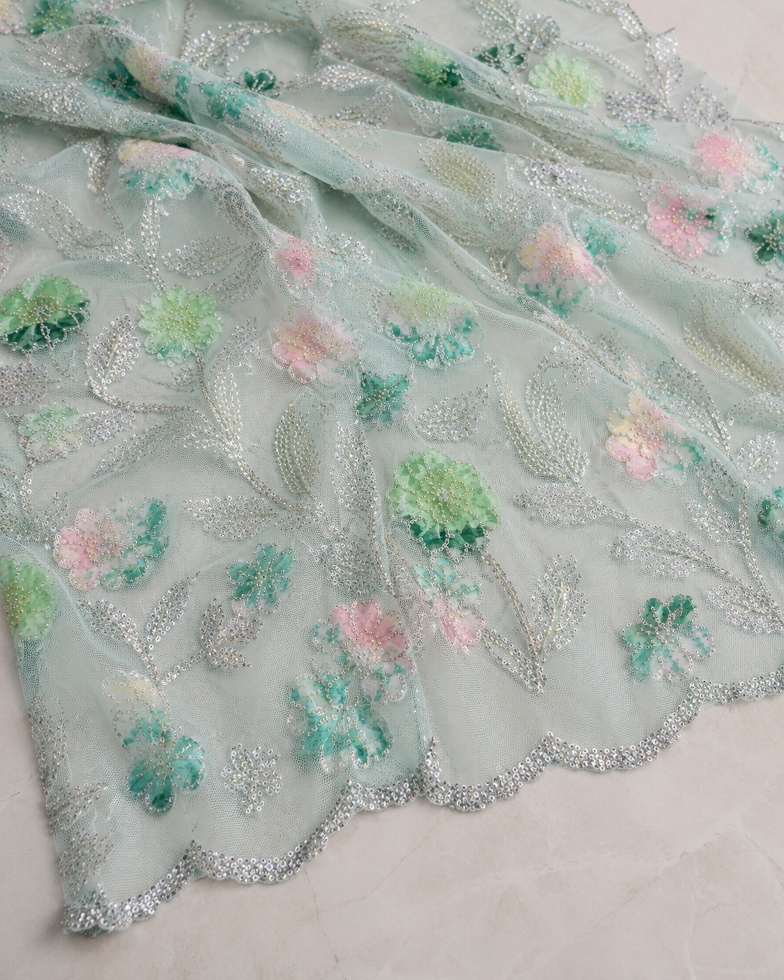 Embellished Net Fabric – Mint Green Base Multicolour Pastel Floral Appliqué Scatter Silver Seed Bead & Sequin Botanical Vine Embroidered with Scallop Border - Image 2