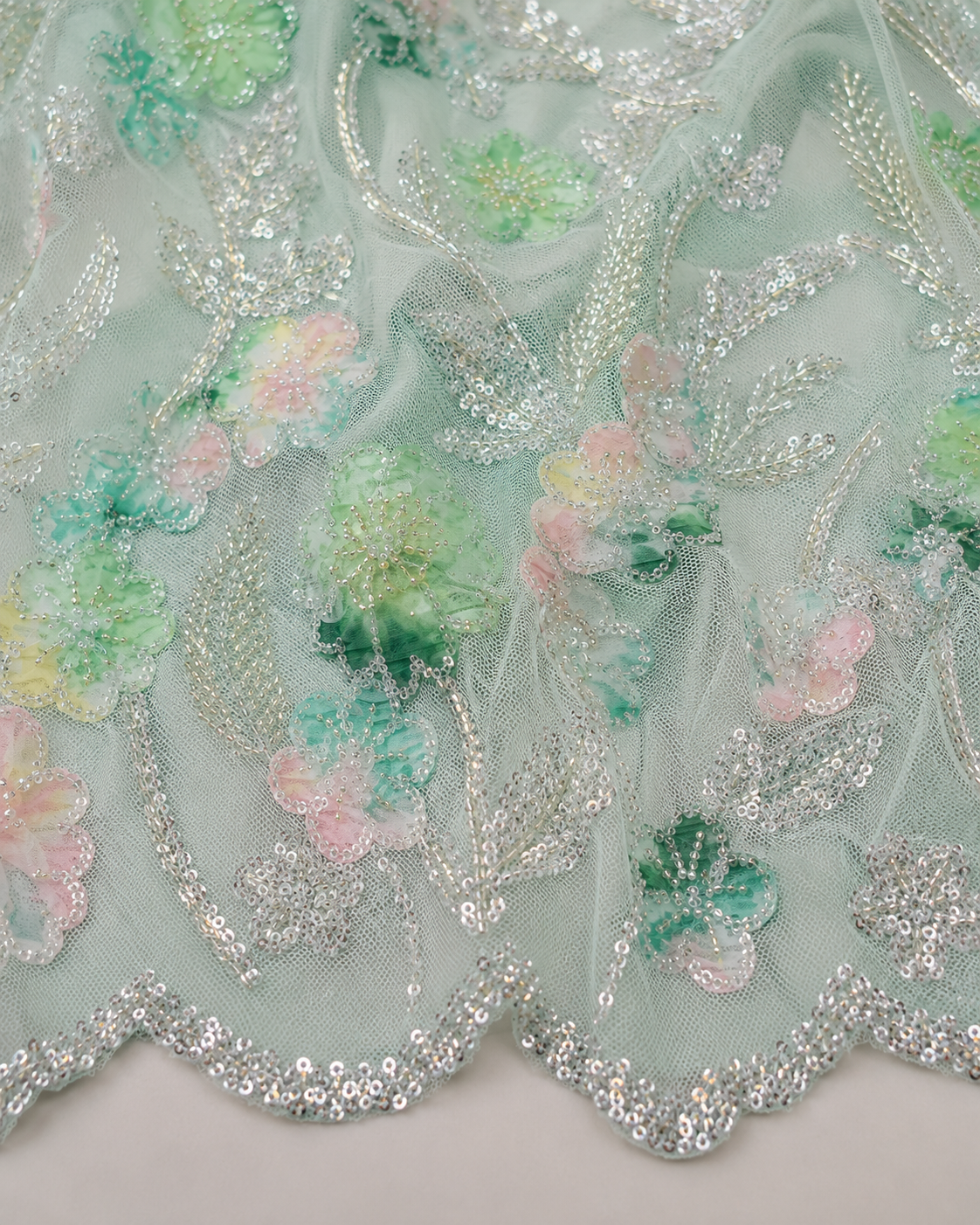 Embellished Net Fabric – Mint Green Base Multicolour Pastel Floral Appliqué Scatter Silver Seed Bead & Sequin Botanical Vine Embroidered with Scallop Border - Image 3