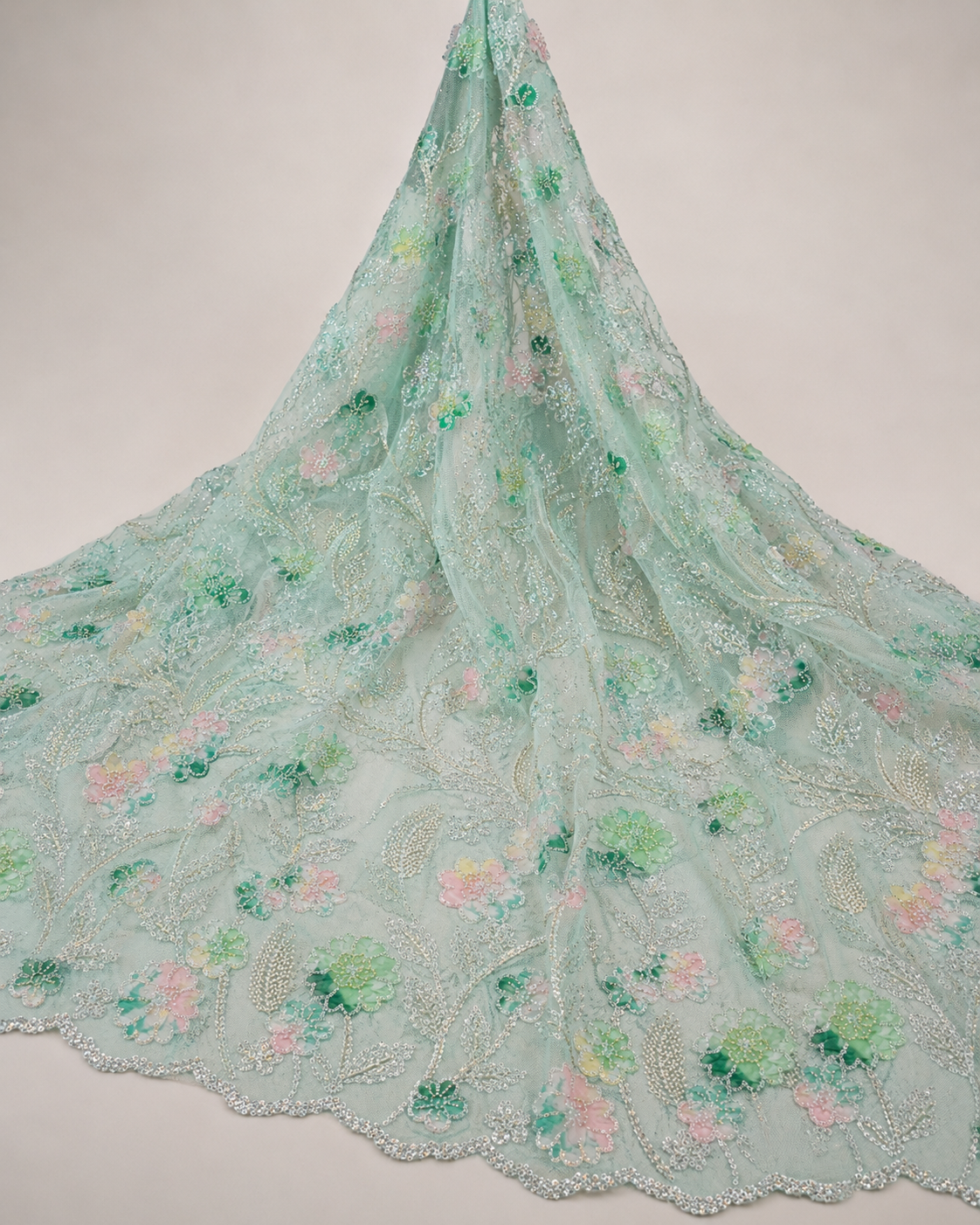 Embellished Net Fabric – Mint Green Base Multicolour Pastel Floral Appliqué Scatter Silver Seed Bead & Sequin Botanical Vine Embroidered with Scallop Border - Image 4
