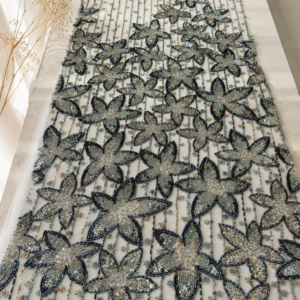 Embellished Net Fabric – White & Gunmetal Six-Petal Star Flower Champagne Gold Sequin & Black Bugle Bead Embroidered on Vertical Stripe Bead Drop Ground