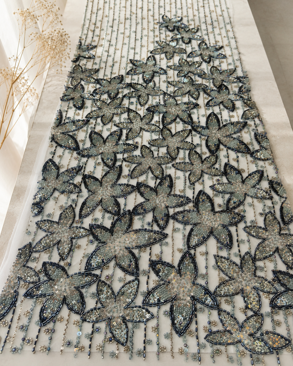Embellished Net Fabric – White & Gunmetal Six-Petal Star Flower Champagne Gold Sequin & Black Bugle Bead Embroidered on Vertical Stripe Bead Drop Ground