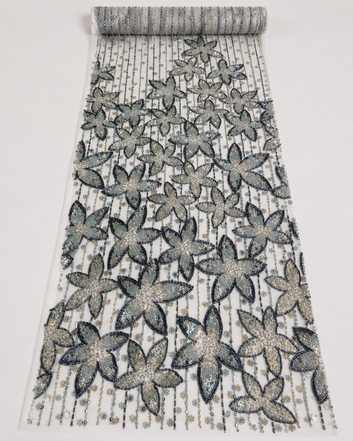 Embellished Net Fabric – White & Gunmetal Six-Petal Star Flower Champagne Gold Sequin & Black Bugle Bead Embroidered on Vertical Stripe Bead Drop Ground - Image 2