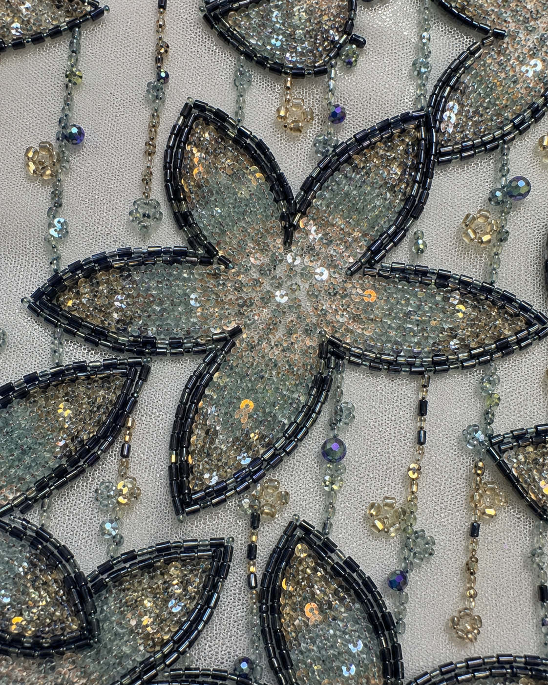 Embellished Net Fabric – White & Gunmetal Six-Petal Star Flower Champagne Gold Sequin & Black Bugle Bead Embroidered on Vertical Stripe Bead Drop Ground - Image 3