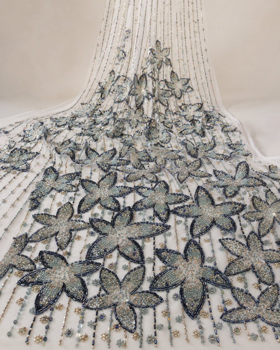 Embellished Net Fabric – White & Gunmetal Six-Petal Star Flower Champagne Gold Sequin & Black Bugle Bead Embroidered on Vertical Stripe Bead Drop Ground - Image 4