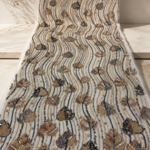 Embellished Net Fabric – Cream & Champagne Gold Tulip Bud Scatter on Wavy Vertical Seed Bead & Sequin Stripe Ground with Gunmetal Bugle Bead Accents