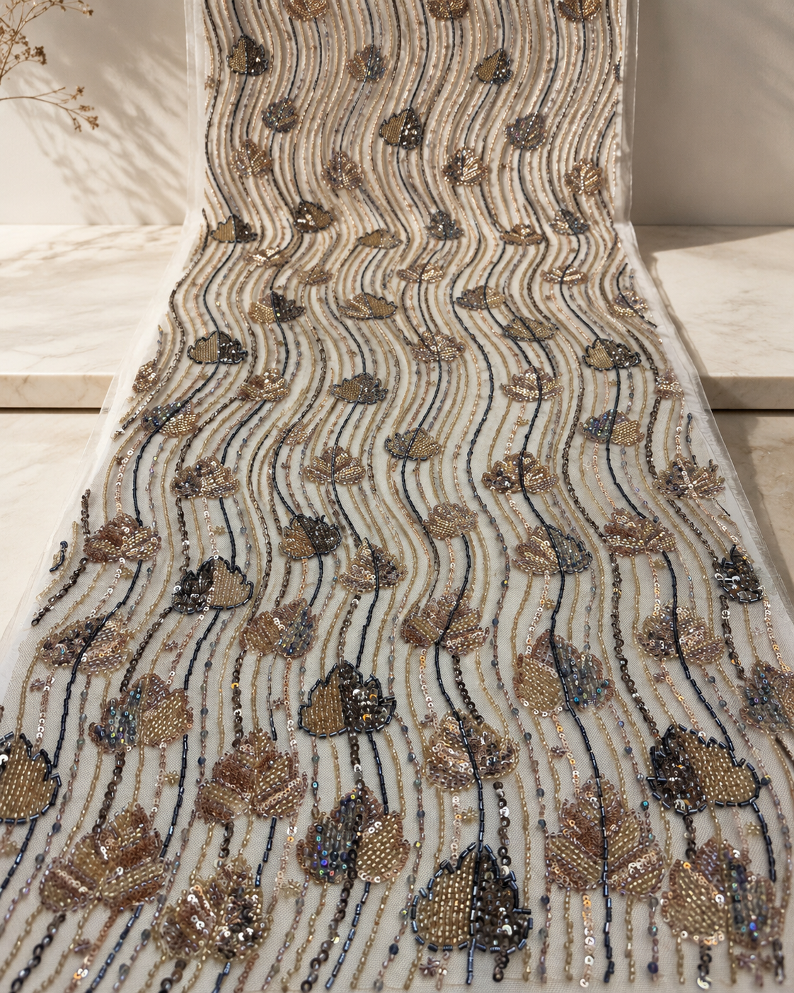 Embellished Net Fabric – Cream & Champagne Gold Tulip Bud Scatter on Wavy Vertical Seed Bead & Sequin Stripe Ground with Gunmetal Bugle Bead Accents