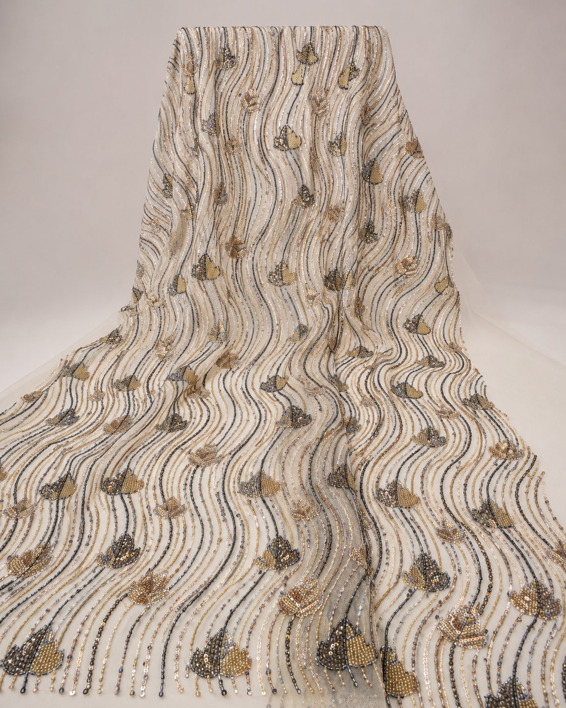 Embellished Net Fabric – Cream & Champagne Gold Tulip Bud Scatter on Wavy Vertical Seed Bead & Sequin Stripe Ground with Gunmetal Bugle Bead Accents - Image 2