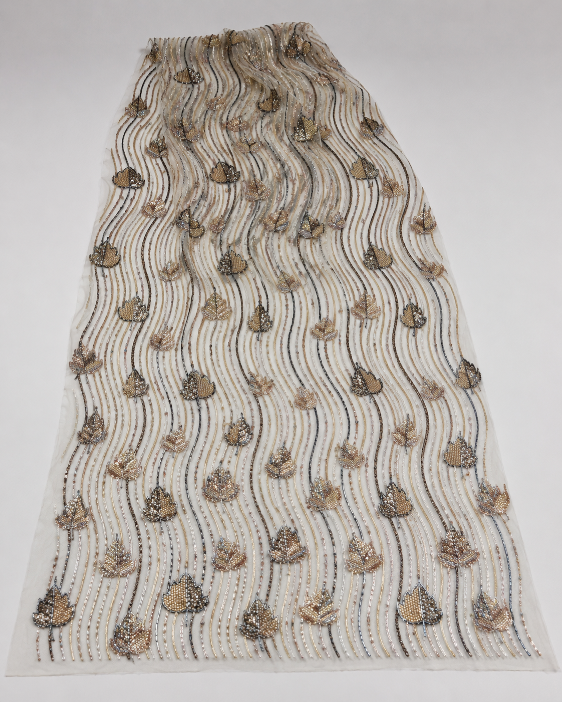 Embellished Net Fabric – Cream & Champagne Gold Tulip Bud Scatter on Wavy Vertical Seed Bead & Sequin Stripe Ground with Gunmetal Bugle Bead Accents - Image 4