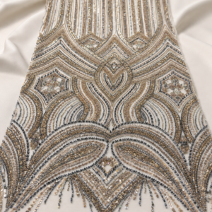Bridal Net Fabric – White & Champagne Gold Art Deco Arch Panel Ogee Seed Bead & Sequin Embroidered with Gunmetal Accent & Bead Fringe Hem