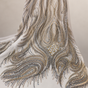 Bridal Net Fabric – White & Champagne Gold Swirl Wave & Ogee Flame Seed Bead & Bugle Bead Embroidered with Graduated Density & Bead Fringe Hem