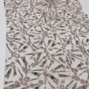 Embellished Net Fabric – White & Champagne Gold Starburst Geometric Arrow & Floral Cluster Seed Bead, Bugle Bead & Sequin All-Over Scatter