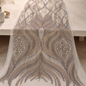 Bridal Net Fabric – White & Champagne Gold Ogee Wave & Honeycomb Medallion Seed Bead, Bugle Bead & Sequin Embroidered with Bead Fringe Hem