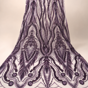 Bridal Net Fabric – Lavender & Deep Amethyst Tonal Damask Ogee Flame Seed Bead & Sequin Embroidered with Floral Scallop Border