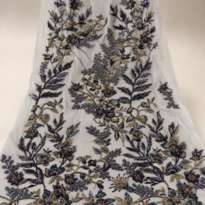 Bridal Net Fabric – White & Navy Midnight Blue Botanical Floral Vine Champagne Gold & Navy Seed Bead, Sequin & Burgundy Accent Embroidered with Scallop Border