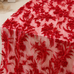 Embellished Net Fabric – Rose Pink & Deep Crimson Red Tonal 3D Botanical Floral Cord Lace & Bead Embroidered All-Over Scatter