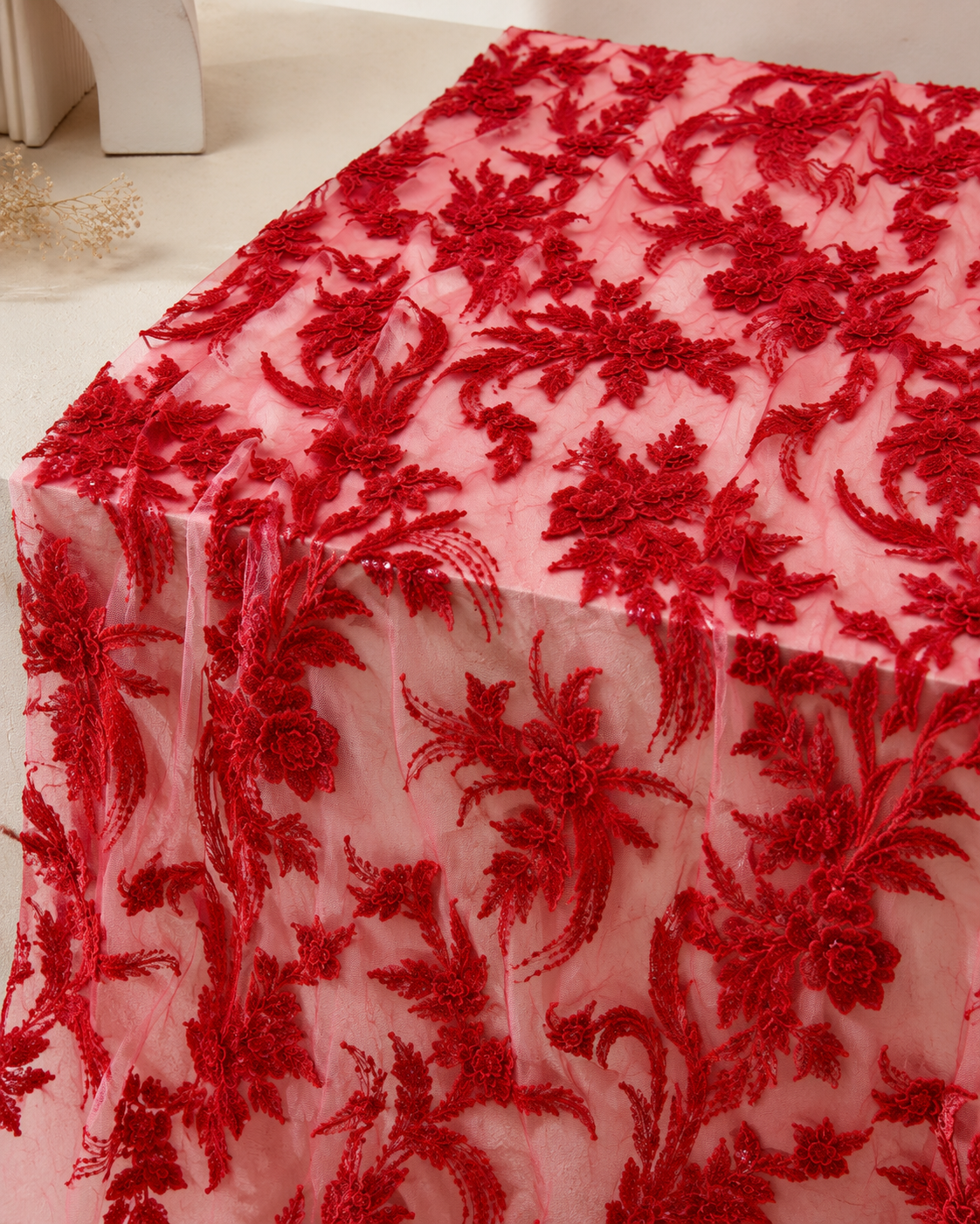 Embellished Net Fabric – Rose Pink & Deep Crimson Red Tonal 3D Botanical Floral Cord Lace & Bead Embroidered All-Over Scatter