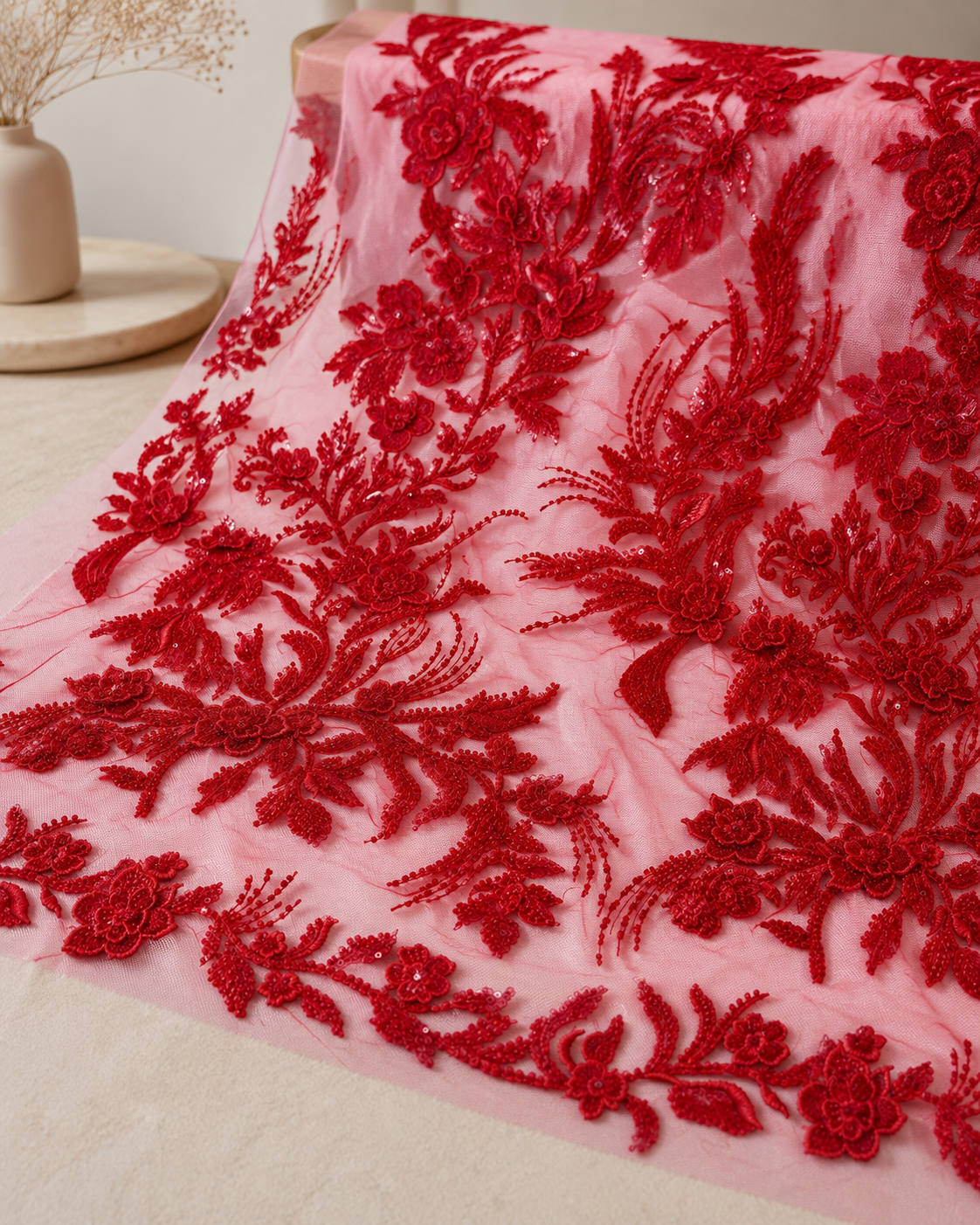 Embellished Net Fabric – Rose Pink & Deep Crimson Red Tonal 3D Botanical Floral Cord Lace & Bead Embroidered All-Over Scatter - Image 2