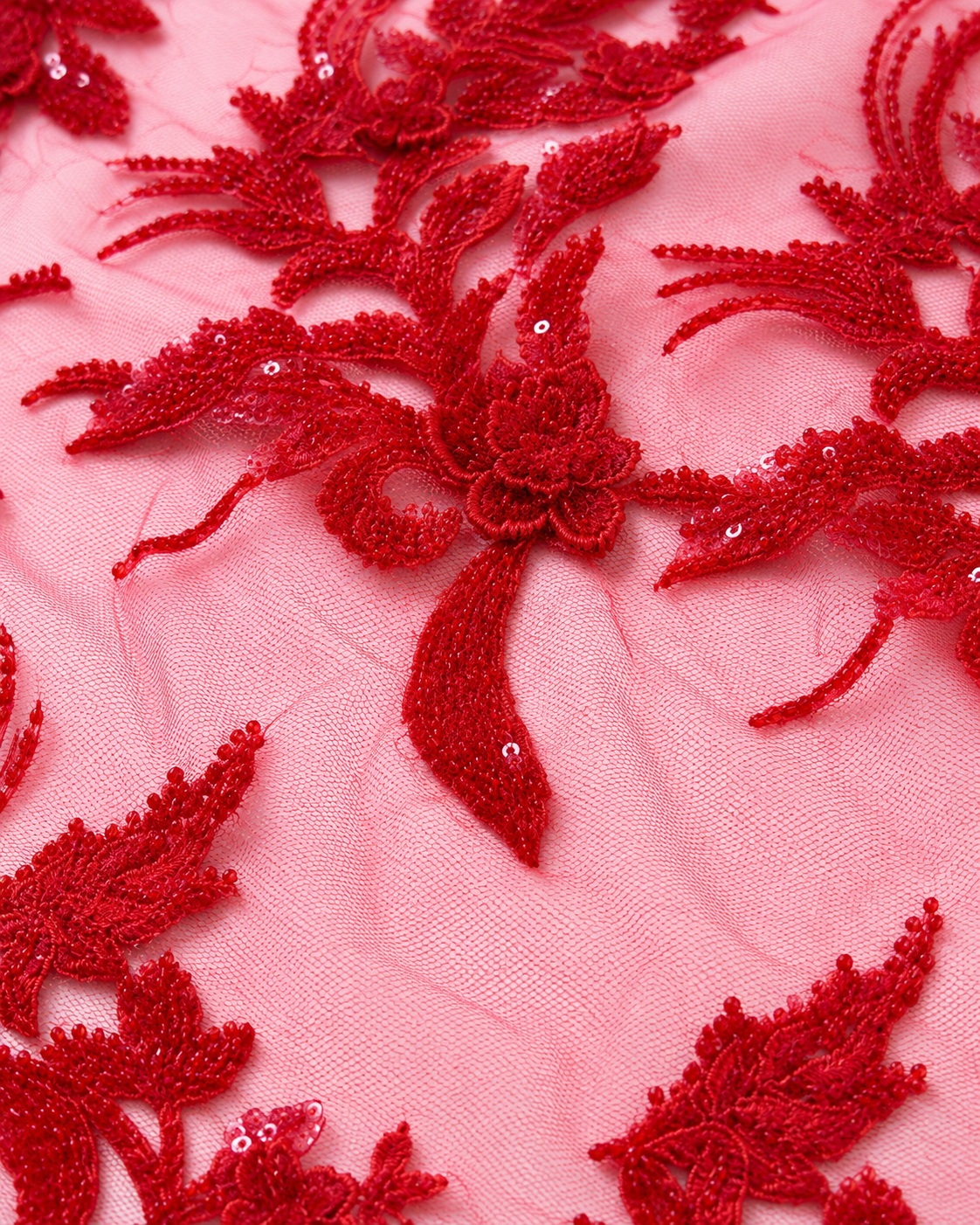 Embellished Net Fabric – Rose Pink & Deep Crimson Red Tonal 3D Botanical Floral Cord Lace & Bead Embroidered All-Over Scatter - Image 3