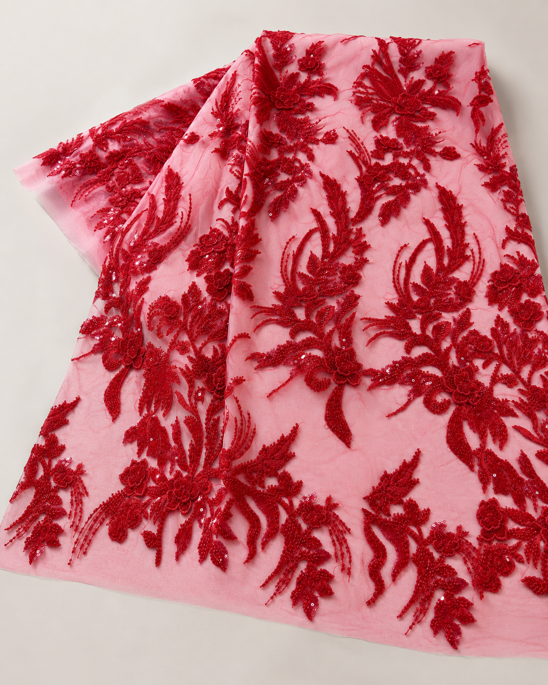 Embellished Net Fabric – Rose Pink & Deep Crimson Red Tonal 3D Botanical Floral Cord Lace & Bead Embroidered All-Over Scatter - Image 4
