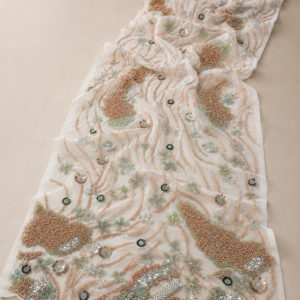 Embellished Net Fabric – White & Rose Gold Wavy Vine Tracery with Mint Green Snowflake, Rose Gold Pearl Cluster & Dark Teal Daisy Bead Scatter with Scallop Border
