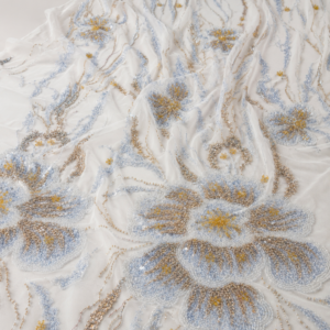 Embellished Net Fabric – White & Ice Blue Large Floral Seed Bead & Champagne Gold Wavy Vine Tracery with Sunshine Yellow Stamen Accents