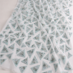 Embellished Net Fabric – White & Ice Blue All-Over Triangle Geometric Seed Bead & Sequin Scatter