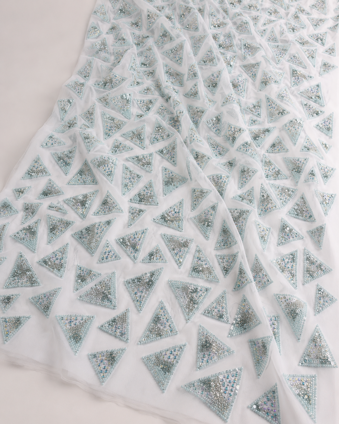 Embellished Net Fabric – White & Ice Blue All-Over Triangle Geometric Seed Bead & Sequin Scatter