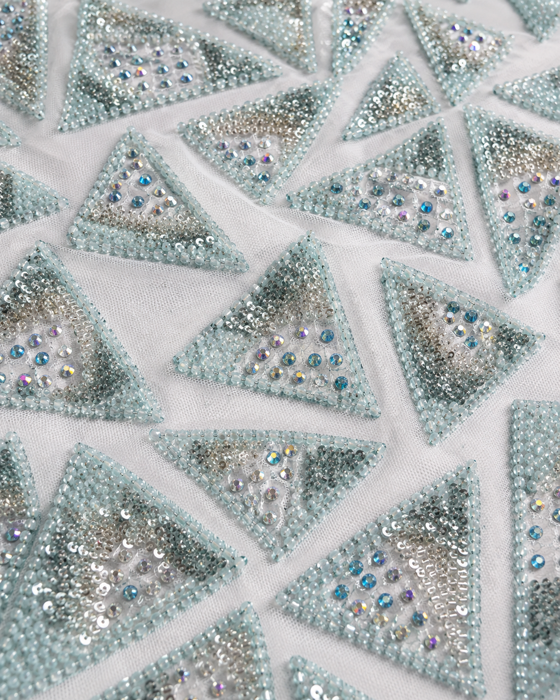 Embellished Net Fabric – White & Ice Blue All-Over Triangle Geometric Seed Bead & Sequin Scatter - Image 3