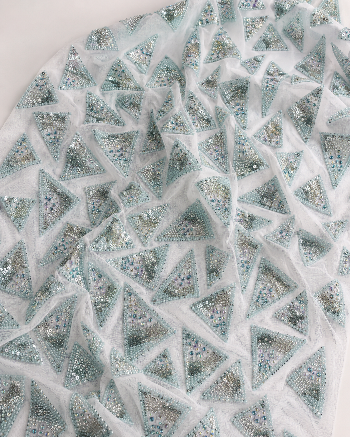 Embellished Net Fabric – White & Ice Blue All-Over Triangle Geometric Seed Bead & Sequin Scatter - Image 4