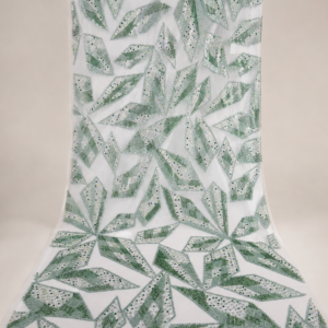 Embellished Net Fabric – White & Sage Green All-Over Diamond Leaf Geometric Seed Bead & Sequin Scatter